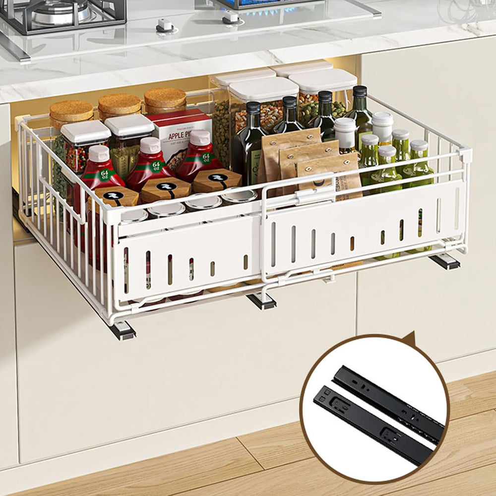 Expandable Pull Out Cabinet Organiser, No Drill Adhesive Slide Out Kitchen Dr...