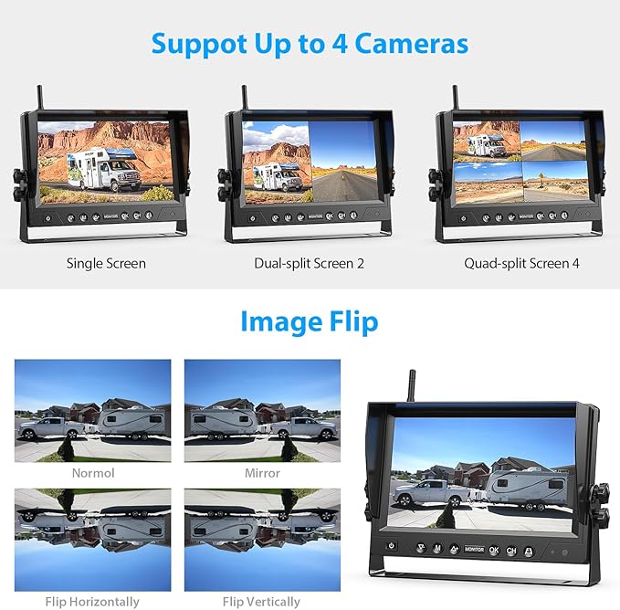 4 Magnetic Solar Wireless Backup Camera HD1080P 9" Loop Recording Monitor