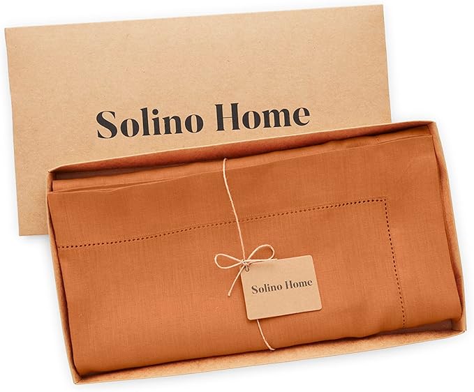 Solino Home Linen Square Tablecloth 52 x 52 Inch - 100% Pure Linen Pumpkin Ta...