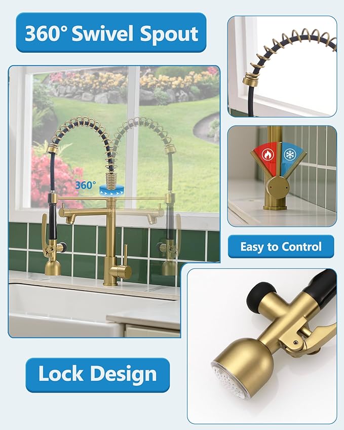 Fapully Single Handle High Arc Brushed Gold Pull Down Kitchen Faucet LED