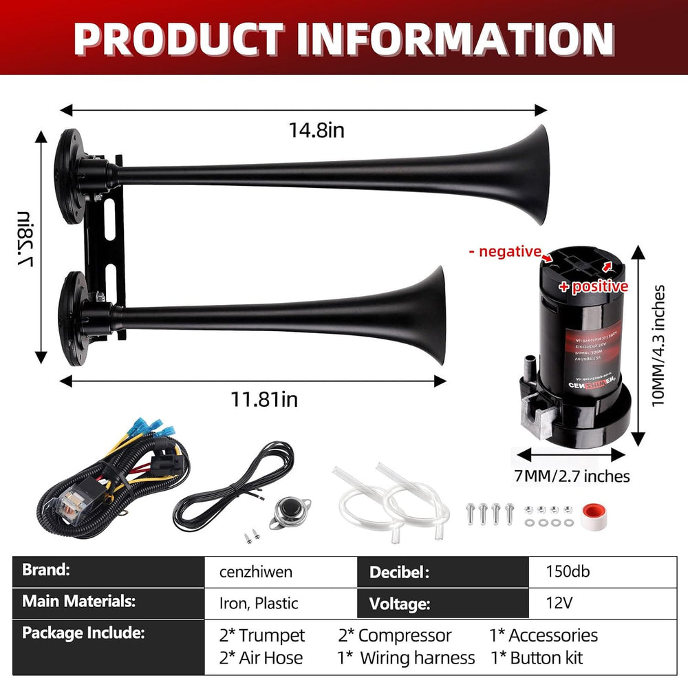 12V Metal 2-Trumpet Train Horn for Truck Kit with 2 Air Compressors
