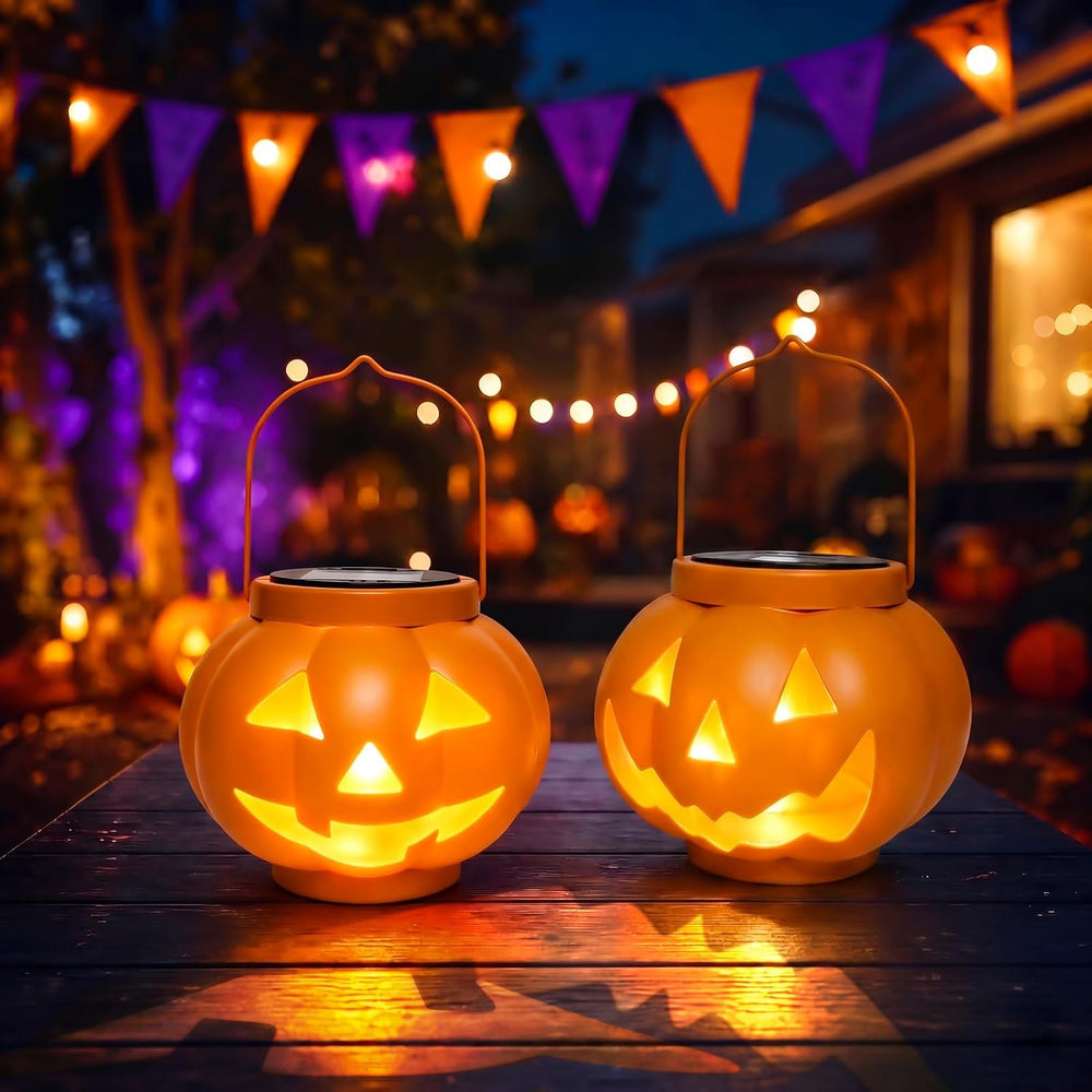 BRIGHTDECK Halloween Pumpkin Solar Lanterns 2 Pack, Jack O Lantern Pumpkin Li...