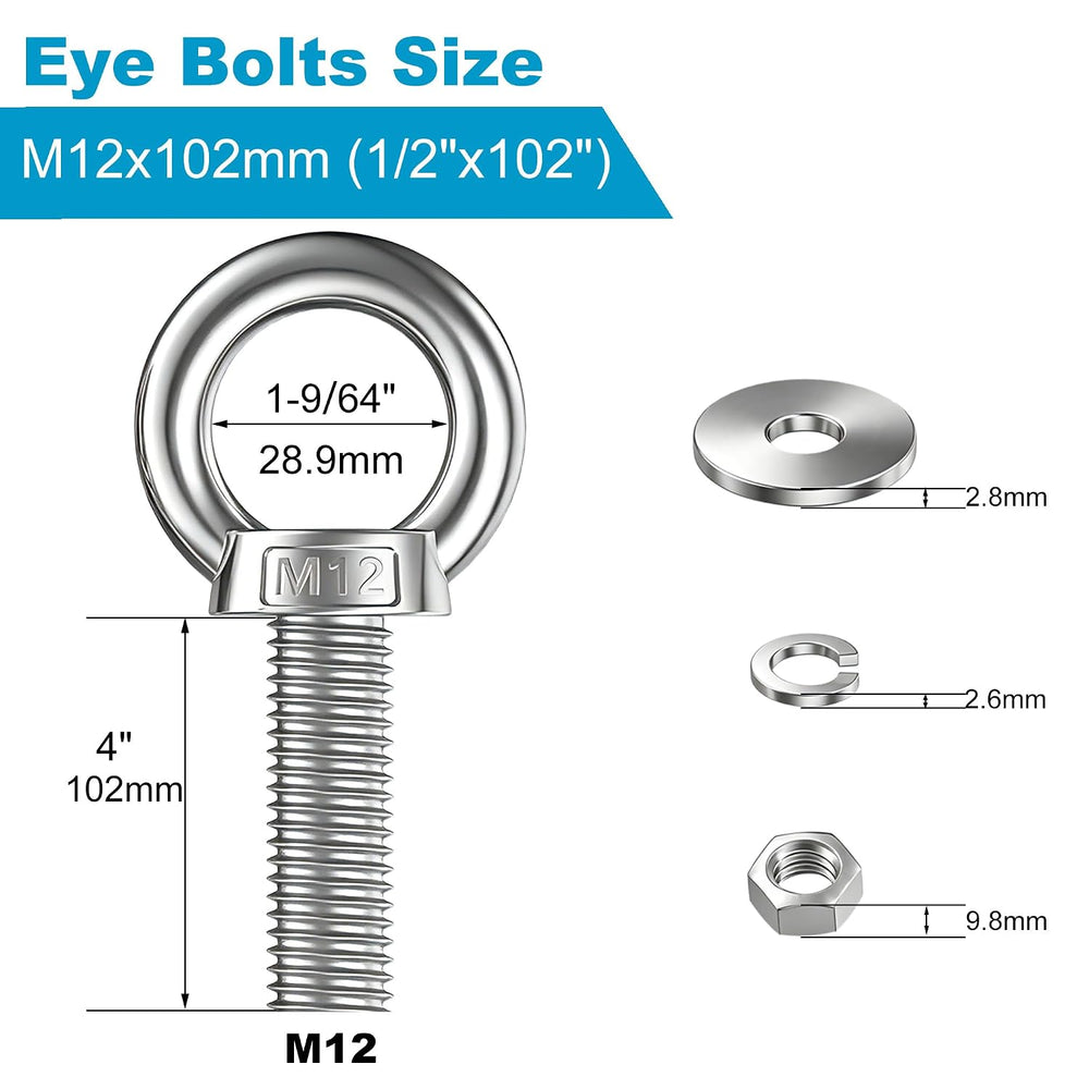 8 Pack M12 Stainless Steel Eye Bolts with Nuts and Washers, 1/2" x 4&quo...