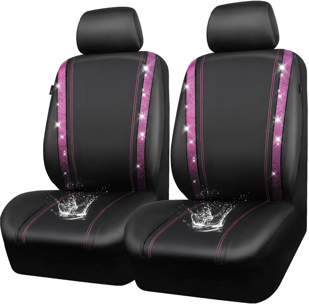 CAR PASS Leather Bling Diamond Car Seat Covers 2 Front Interior Sets, Waterpr...