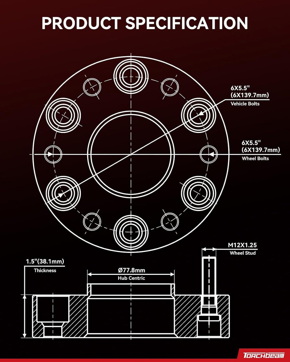 Torchbeam 6x5.5“ Hub Centric Wheel Spacer 1.5 inch for Titan, Pathfinder Arma...