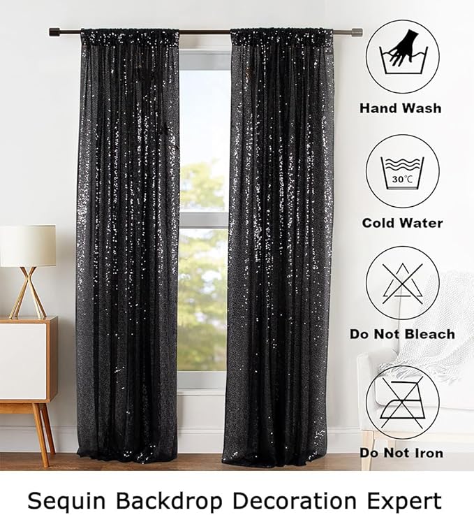 ShinyBeauty Black Sequin Curtains 2FTx8FT 4 Panels | Sparkly Photo Backdrop f...