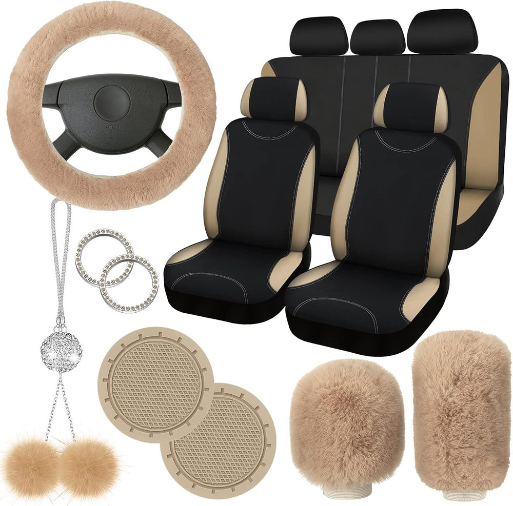 17 Pcs Car Seat Cover Full Set for Women Fluffy Fuzzy, Beige Black