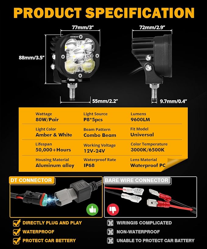 Auxbeam 3 Inch Led Pods Amber Fog White Off Road Driving Light XP-Ultra Series