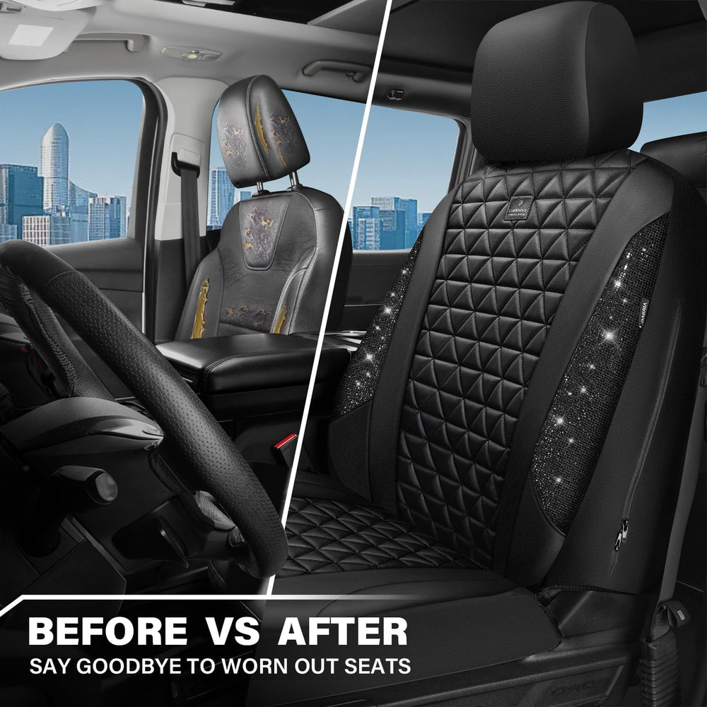 CAR PASS Bling Diamond Leather Car Seat Covers 2 Front Seats Interior Sets, W...