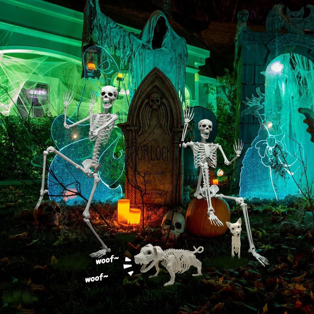 5.4ft Halloween Full Size Skeleton with Dog Cat for Haunted Party Decor