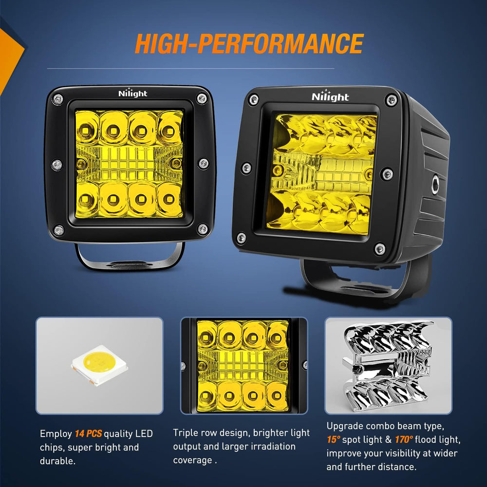 Nilight 2Pcs 3Inch Amber LED Pods 42W LED Cubes Upgraded Spot Flood Combo Dri...