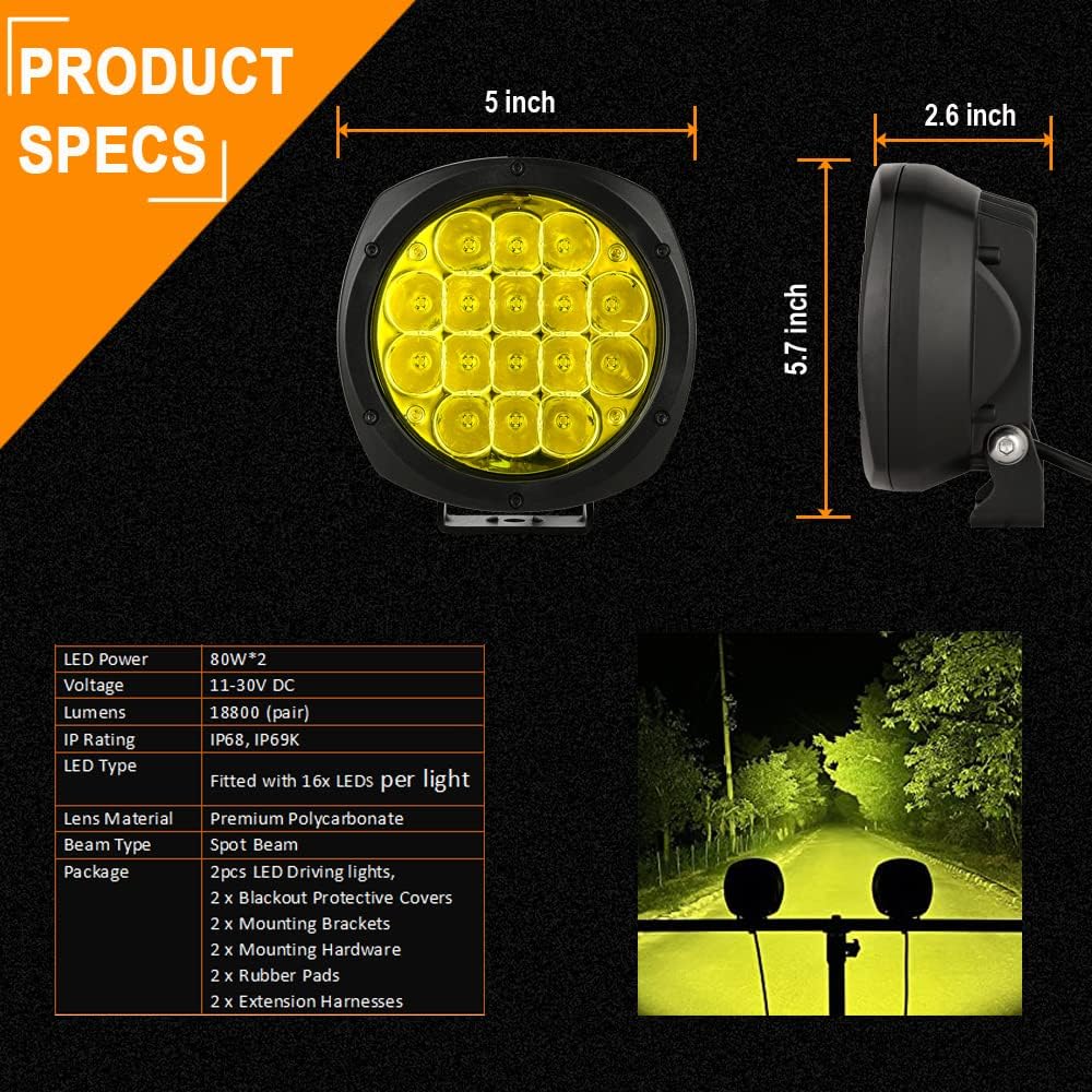 BIGLION.X 5 Inch Pair 160W Amber Round LED Offroad Lights 18800LM Amber Yello...