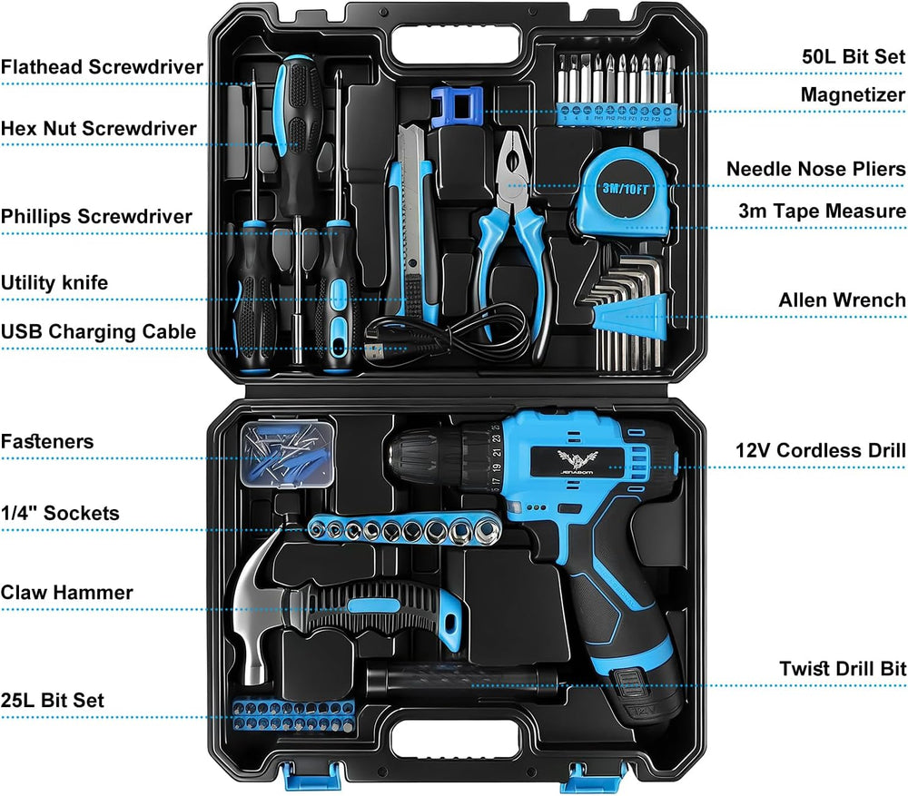 JENABOM Tool Set, 146-Piece Home Tool Kit with 12V Blue Cordless Drill