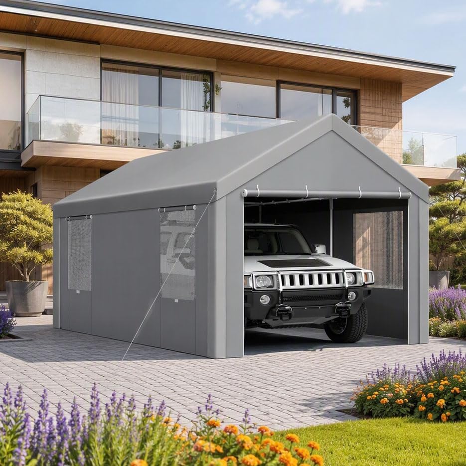 10x20 FT Heavy Duty Carport with Galvanized Frame，Gray
