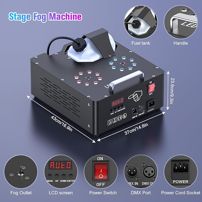 2000W Professional Fog Machine Dual Nozzle with 16 RGB LED, DMX Control Adjus...