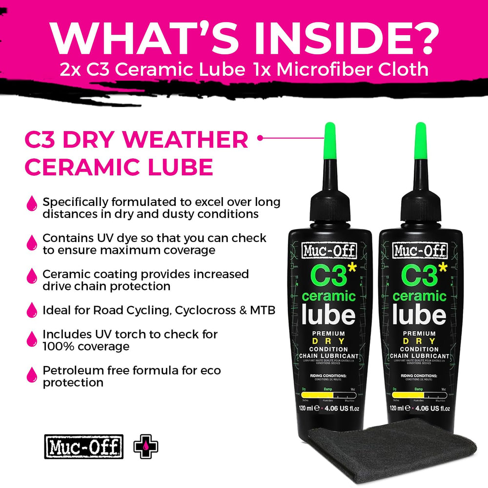 Muc-Off C3 Dry Weather Ceramic Lube 120ml (Pack of 2) with Microfiber Cloth |...
