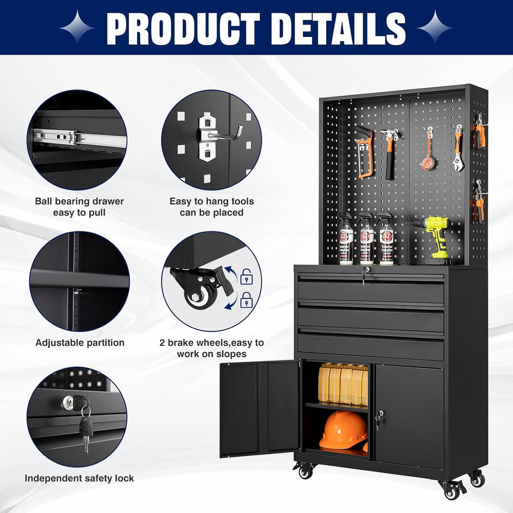 Metal Garage Storage Cabinet with Wheels,3-Drawer Rolling Tool Cabinet with 2...