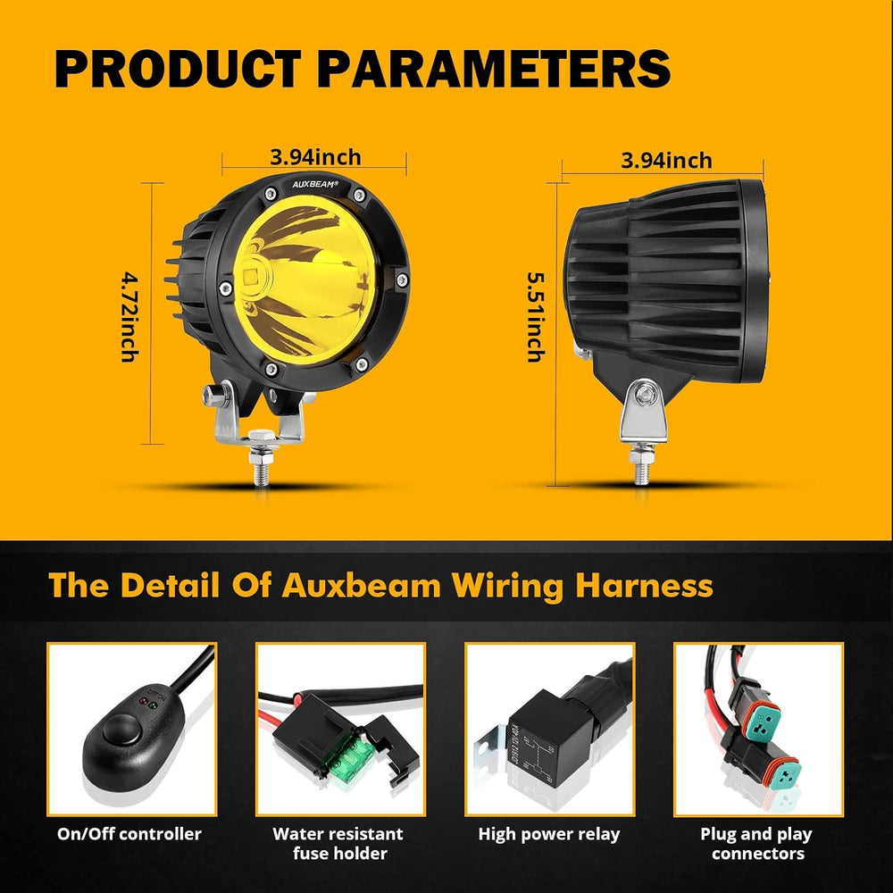 Auxbeam C4 Series 4 Inch 72W Amber Fog Lights, Off Road Round Spot Beam