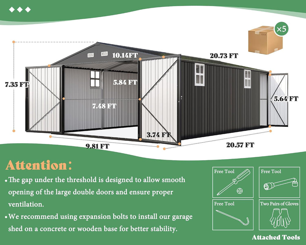 AMERLIFE 10x21x7.3 FT Garage Shed with 3 Lockable Doors & Reinforced Frame