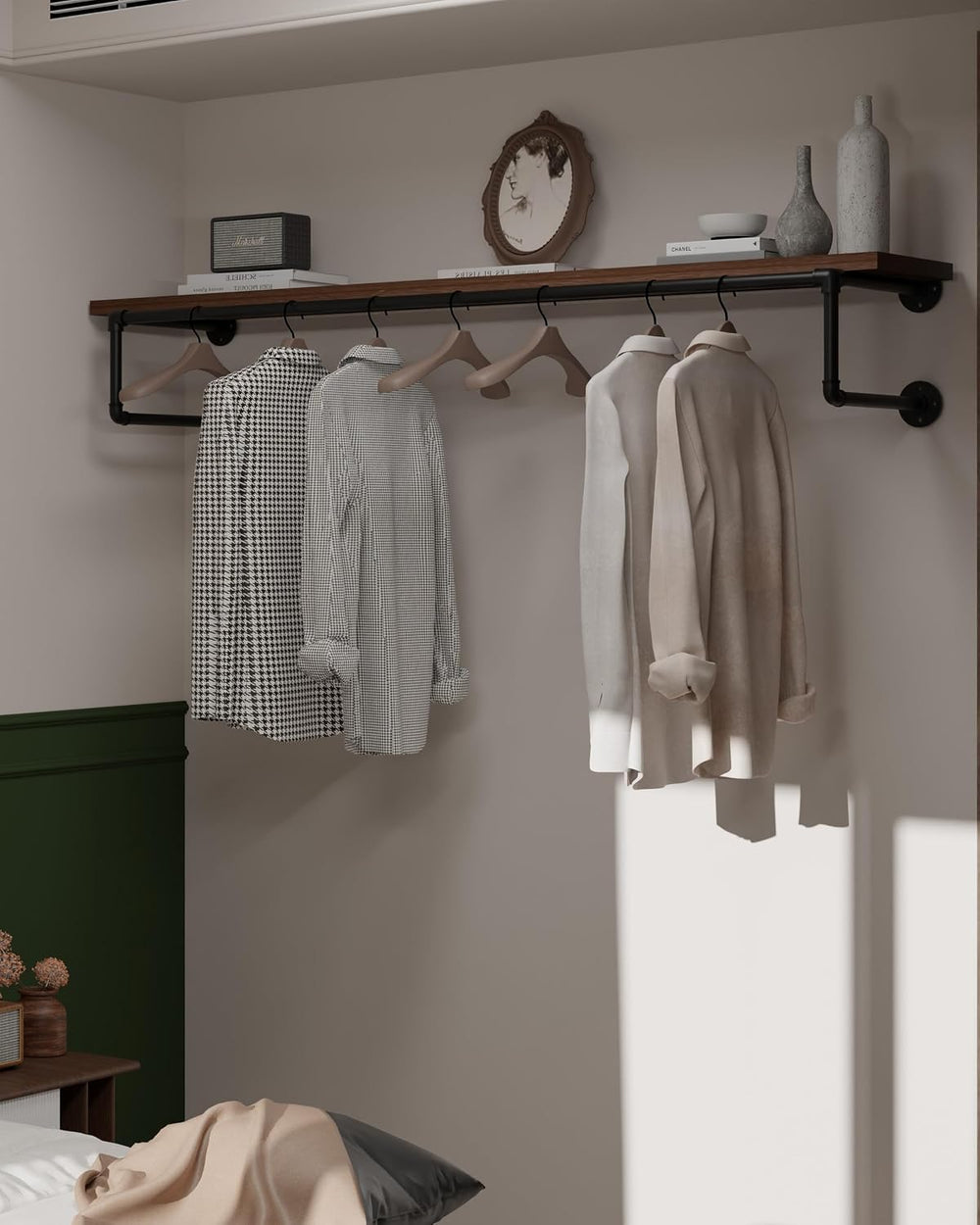 Clothes Rack 60in, Wall Mounted Garment Racks with Real Walnut Wood Shelf, He...