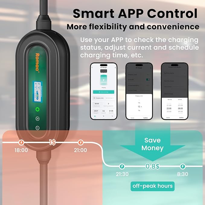 Level 1&2 Portable EV Charger, Adjustable 8-16A 110V-240V, Dual Plugs: NEMA