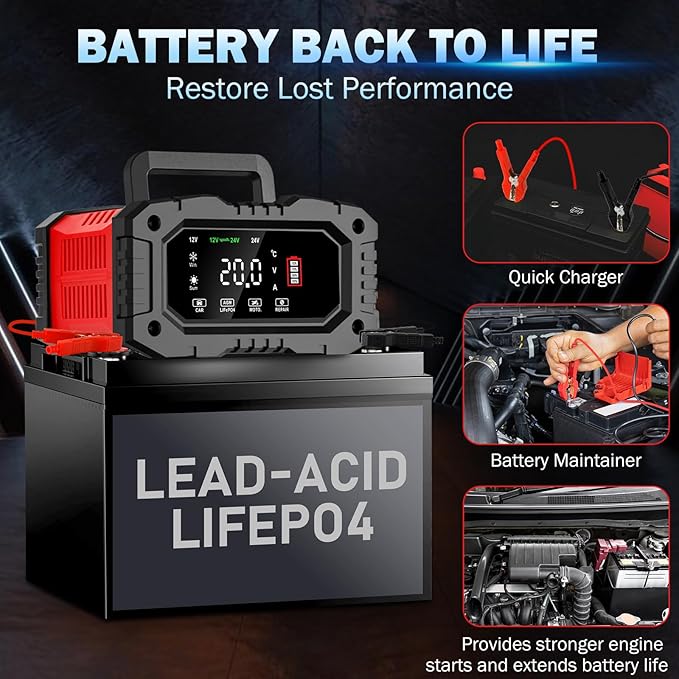 20-Amp Car Battery Charger, 12V/20A and 24V/10A LiFePO4, Lead-Acid Automatic