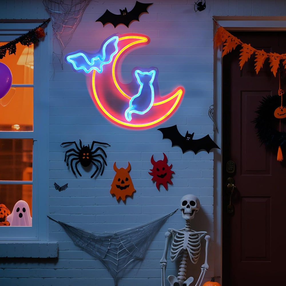 Halloween Neon Sign Wall Decor - Moon&Bat&Cat Themed Halloween LED Li...