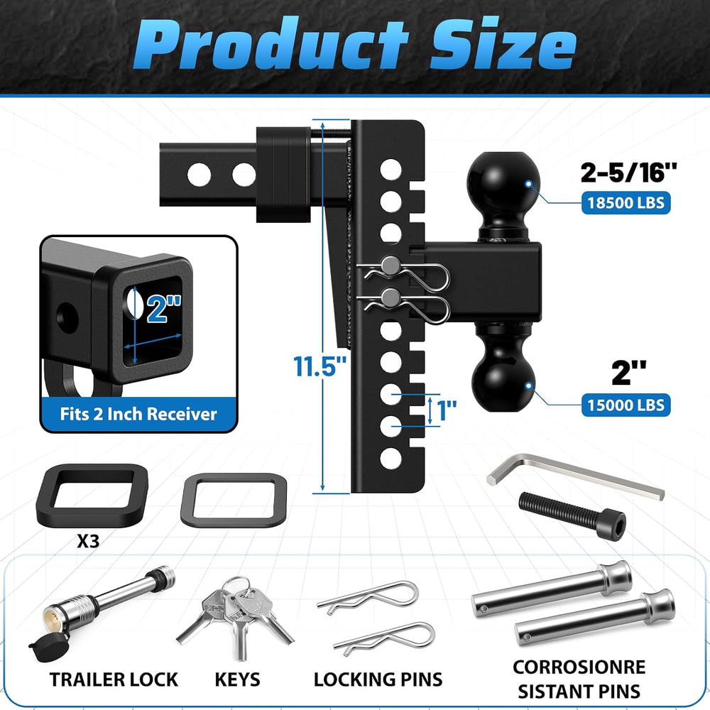Adjustable Trailer Hitch, 8In Drop Hitch Only Fit 2 Inch Receiver