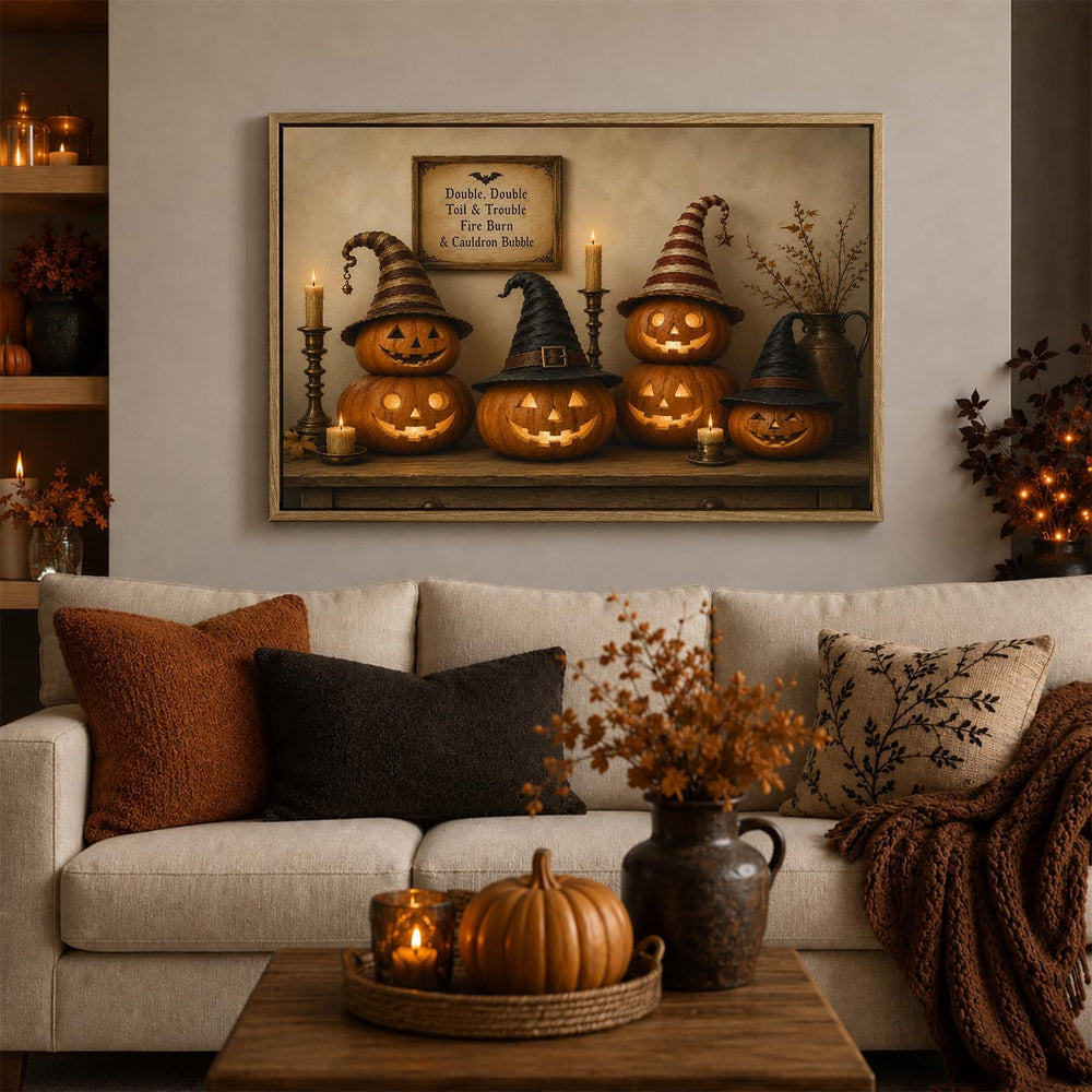 Halloween Framed Canvas Wall Art, Pumpkin and Witch Hats Halloween Pictures