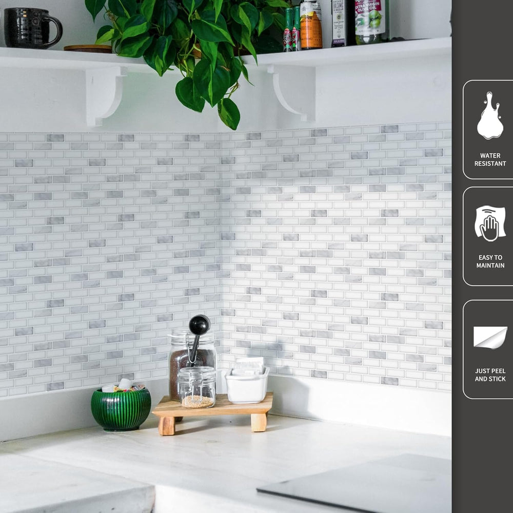 Art3d 10-Pack Peel and Stick Stone Backsplash Tile, 12" x 12", Whit...