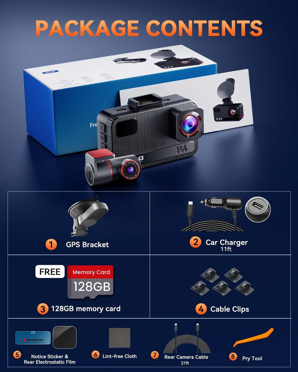 4K+4K Dual Dash Cam Front and Rear, Free 128GB Card, Starlight Night Vision