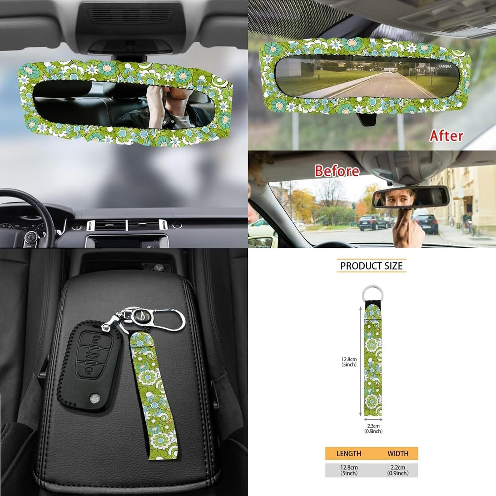 Hippie Flowers Green Print 15Pcs Car Seat Cover Full Set Car Steering Wheel C...