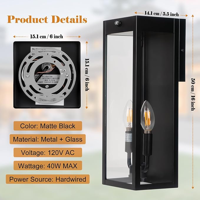 16” Dusk to Dawn Outdoor Lighting, 2 Pack Black Modern Porch Outside Lights