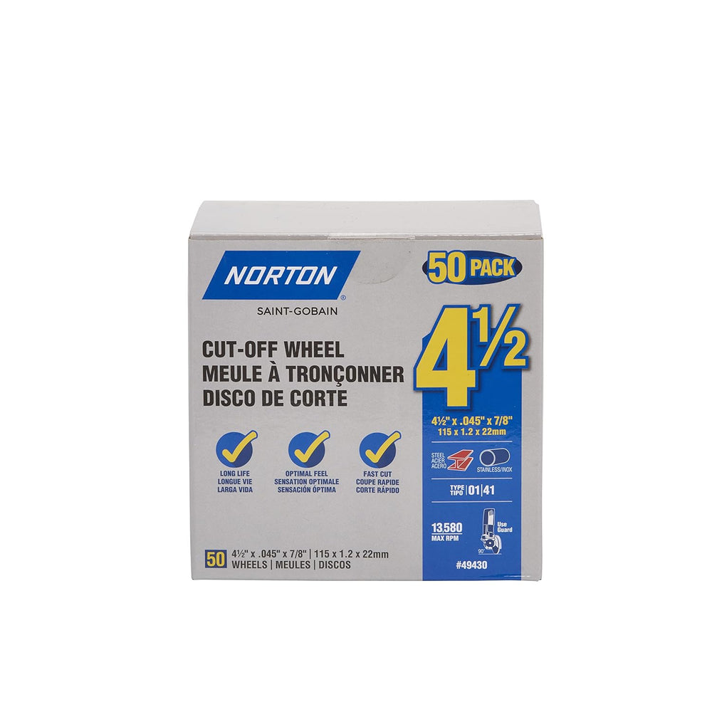 Norton Cut Off Wheels 50-Pack, 4 1/2 Inch High Performance Metal & Stainl...