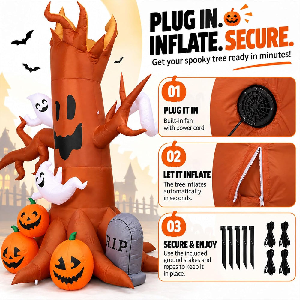 8FT Halloween Inflatable Ghost Tree Decoration with Pumpkins, Tombstone