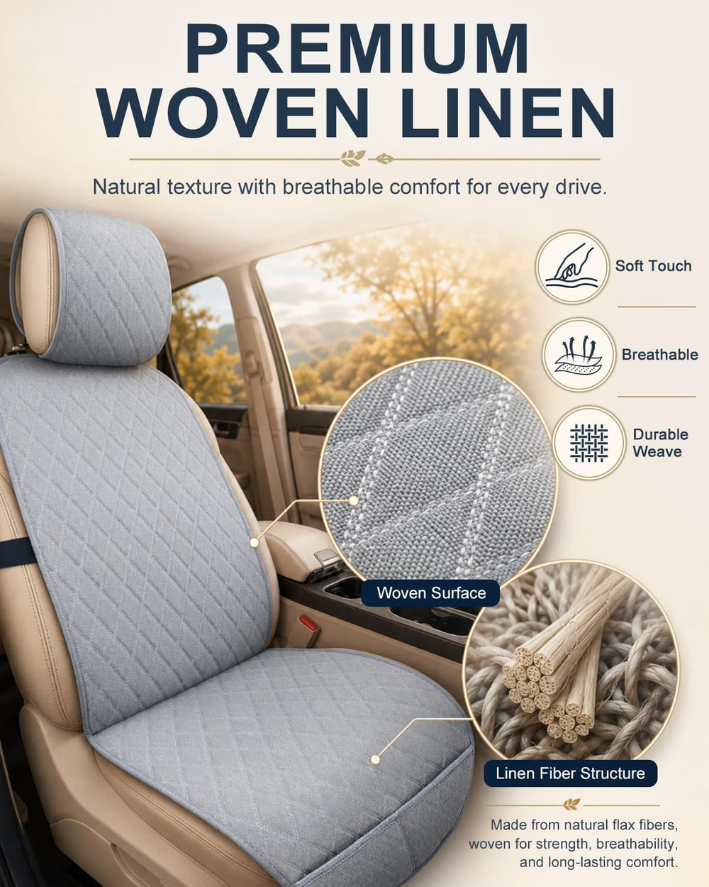 Linen Car Front Seat Covers, Breathable Linen Car Seat Protector