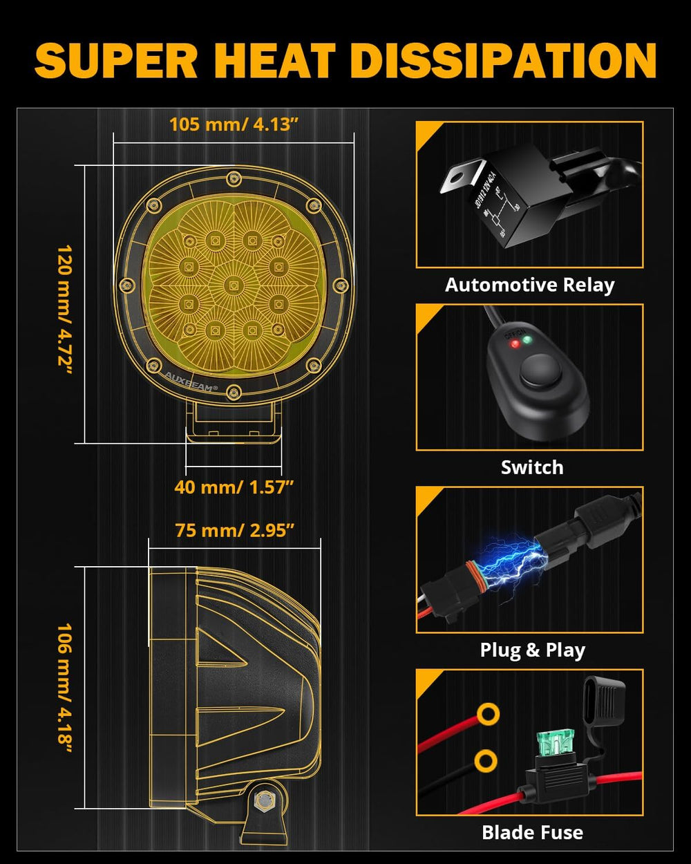 Auxbeam 4 Inch 90W LED Amber Driving Pods, P4 Series Spot Beam Ditch Lights