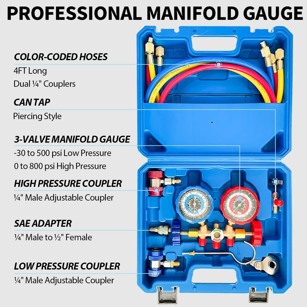 Sutekus AC Gauge Set 3 Way AC Manifold Gauge Set Freon Charge Kit with Hoses ...