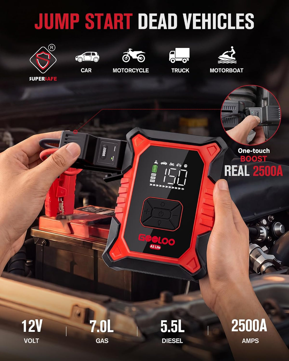 GOOLOO A3 Lite 12V 2500A Portable Car Jump Starter with Air Compressor
