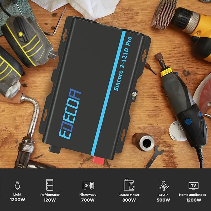 EDECOA Pure Sine Wave Inverter 1200W 12V DC to 110V AC Power Inverter