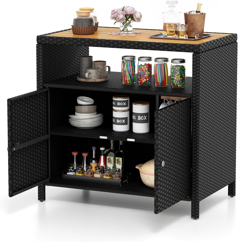 Tangkula Rattan Outdoor Storage Cabinet, Patiojoy Outdoor Cabinet with Acacia...