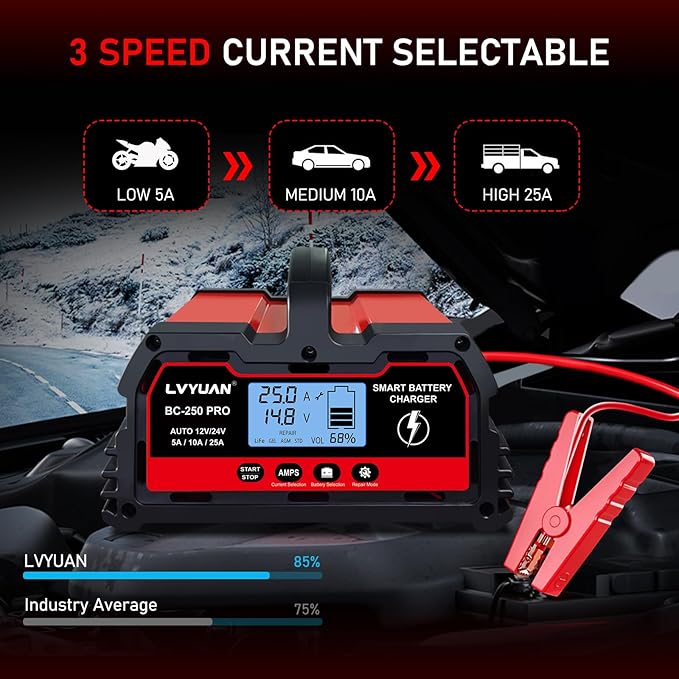 LVYUAN 25Amp Smart Car Battery Charger, 12V/24V Automotive Charger, Lead-Acid