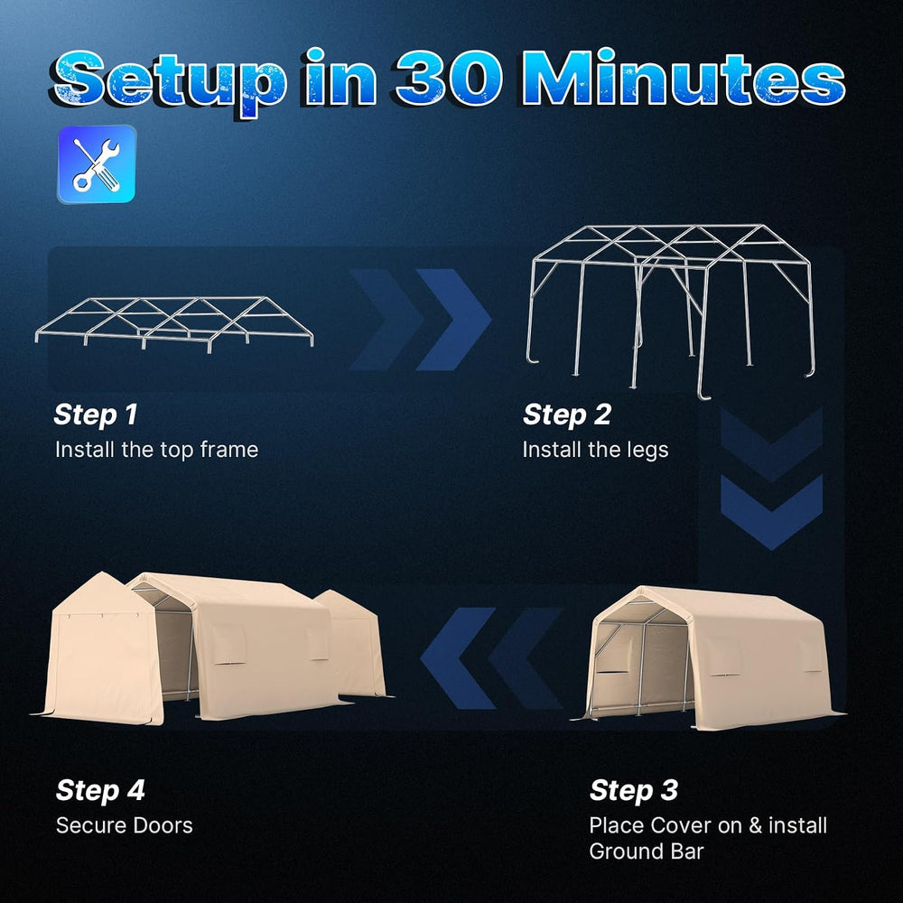 10X15 ft Garage Shelter Steel Metal Peak Roof Portable Storage Shed Carports ...