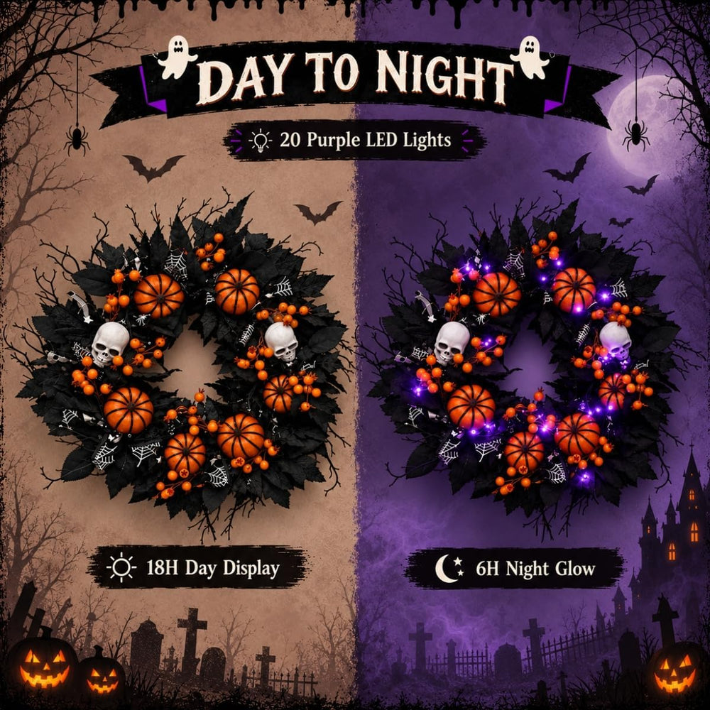 20" Halloween Wreath for Front Door, Black Gothic Spooky Outdoor Décor