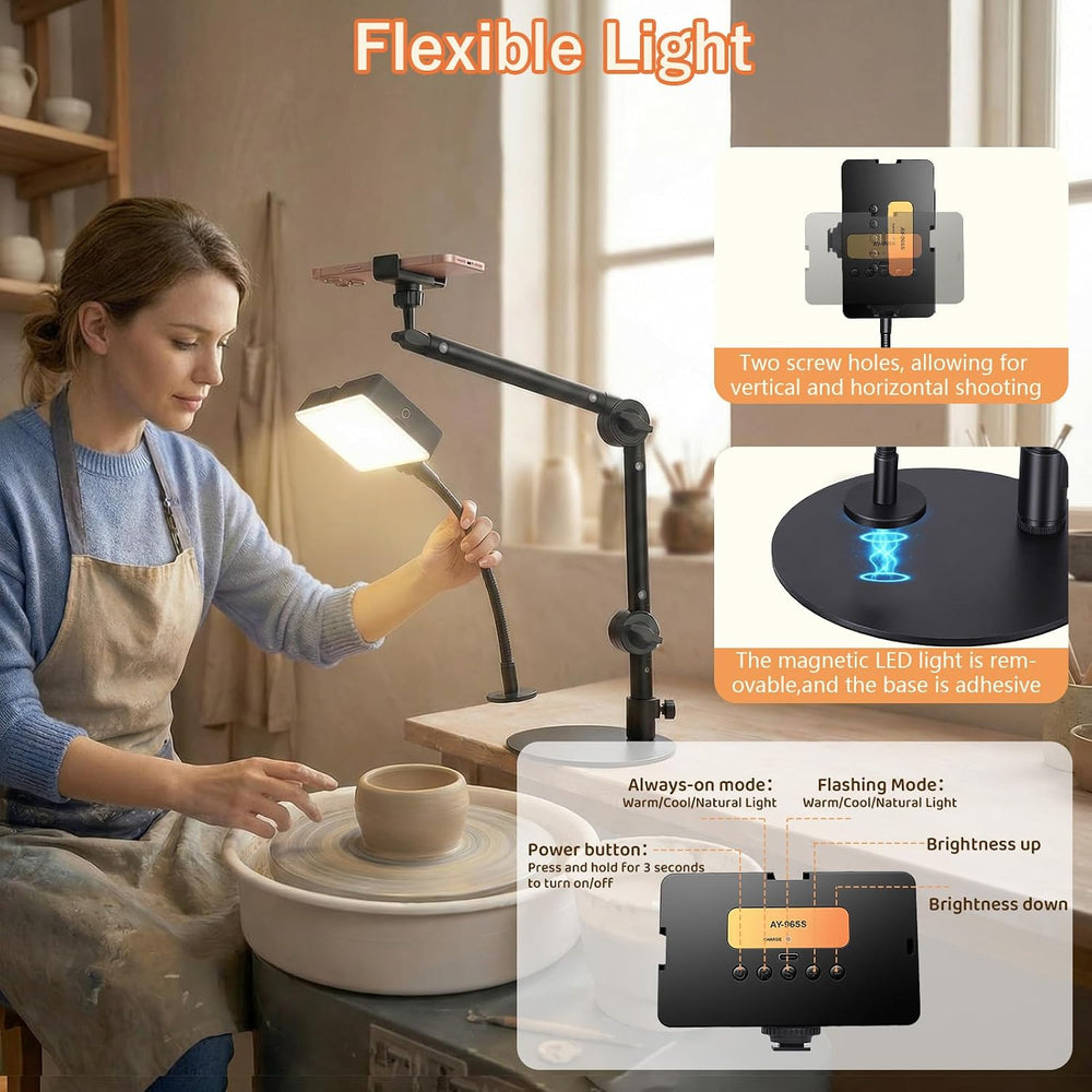 Overhead Phone Mount, 360° Adjustable Height & Position,Selfie Lights