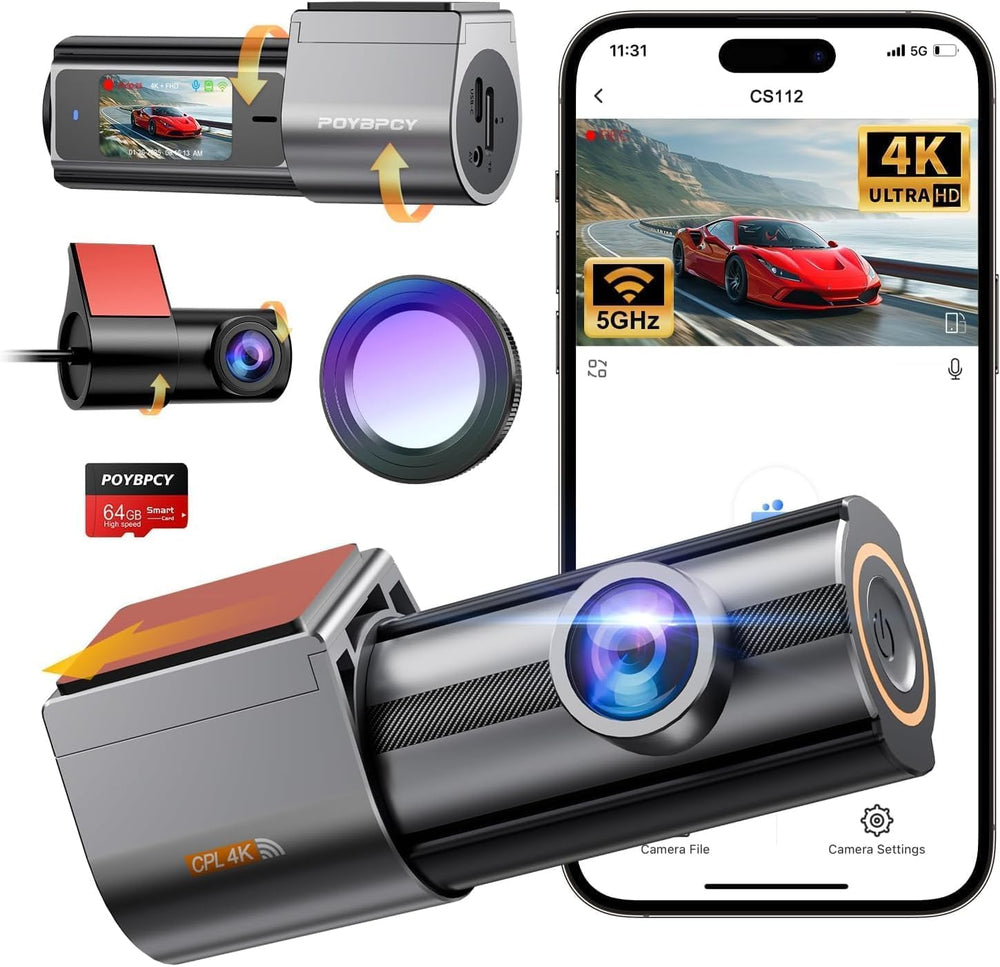 Dash Cam Front and Rear 4K, Built-in 5GHz WiFi with CPL, Dual Dashcams for Ca...
