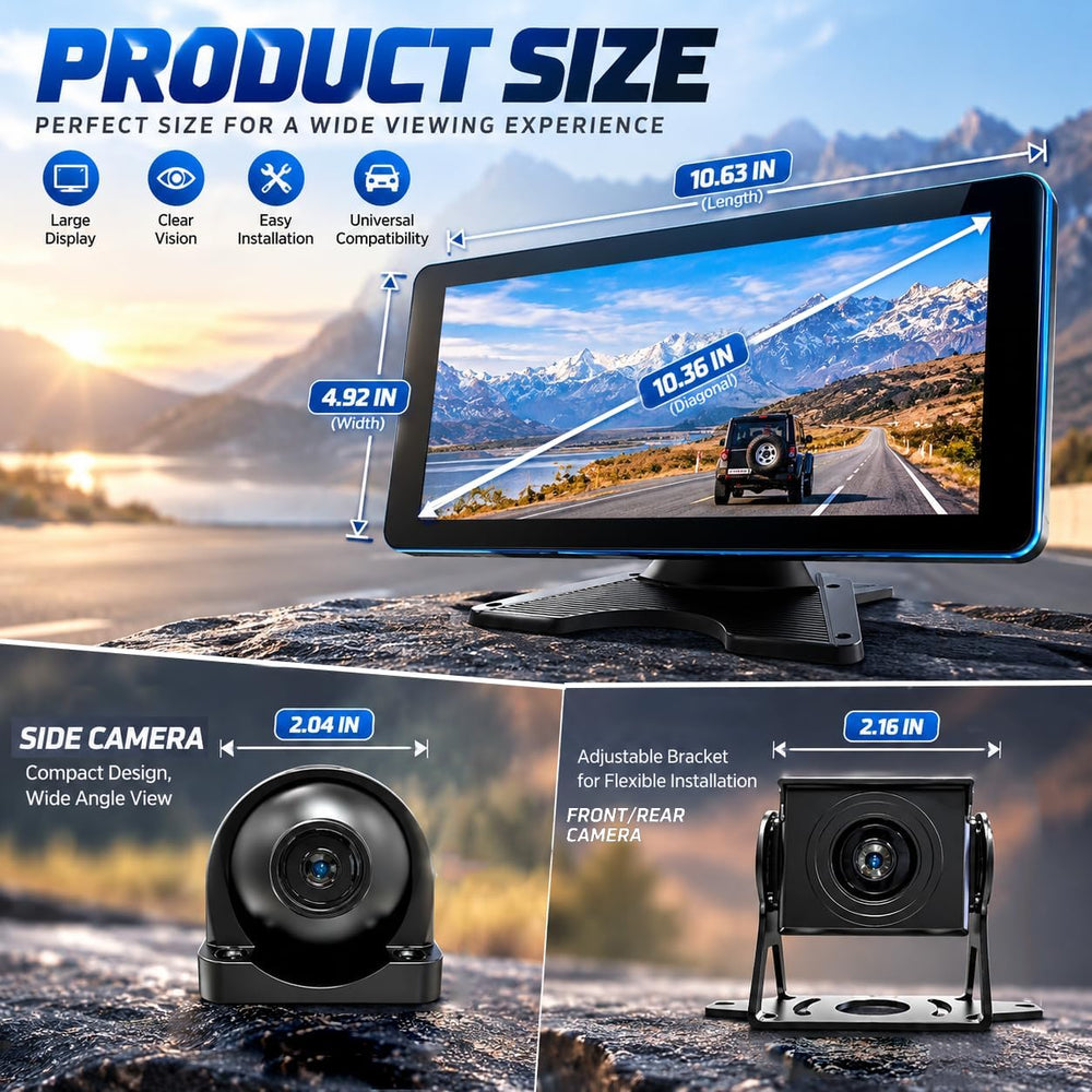 4CH Dash Cam Backup Camera with 10.36" Quad Split Touchscreen for RV
