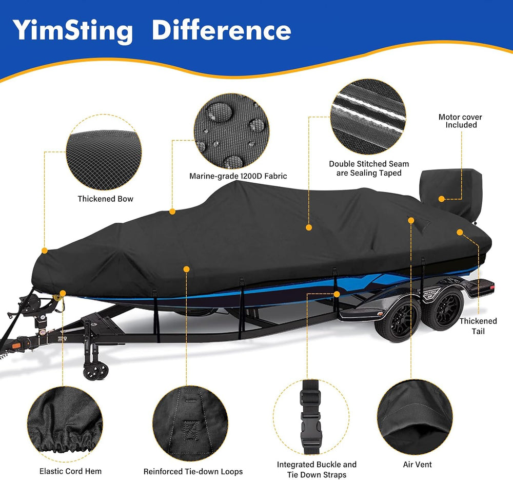 Boat Covers 17-19ft, 1200D Waterproof V-Hull, Black