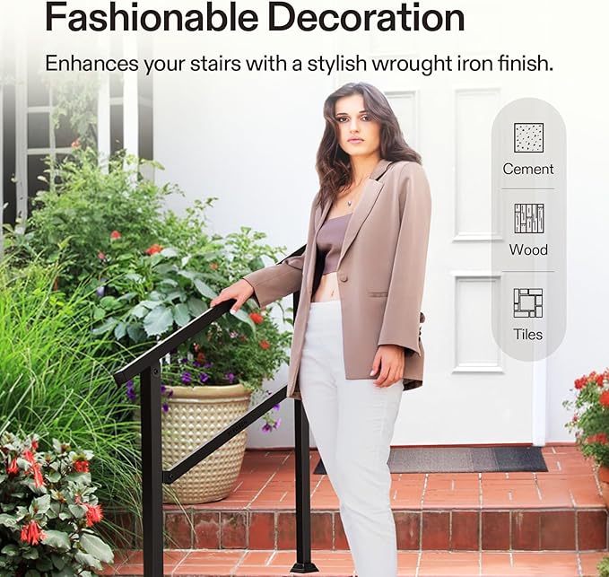 VIVOSUN Outdoor Handrail, 3 Step Stair Handrail, Wrought Mattle Iron Handrail