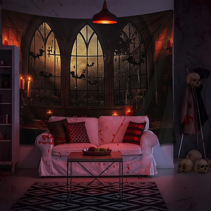 QGHOT Halloween Tapestry Wall Hanging Horror Castle Window Tapestry Gothic Sp...